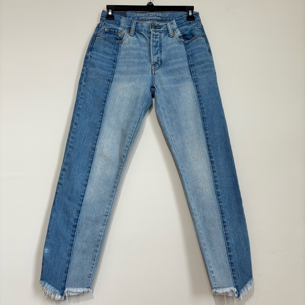 American Eagle Vintage High Rise Two Tone Blue Raw Hem Preppy Cowgirl Crop Jeans